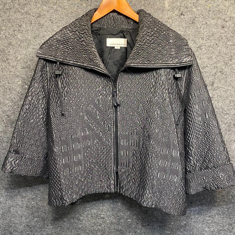 Caroline Rose Womens L Black Metallic Textured Zip Jacket Art To Wear 3/4 Sleeve